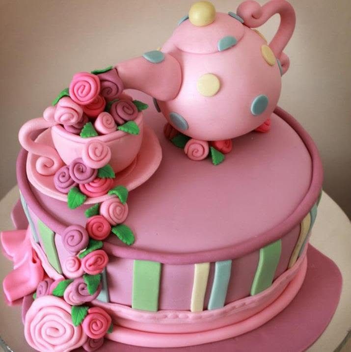 Pink teapot themed birthday cake